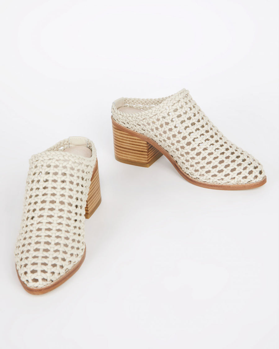 bone woven mules with stacked heel