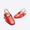 cherry red slingback flat with large grommet buckle and square toe