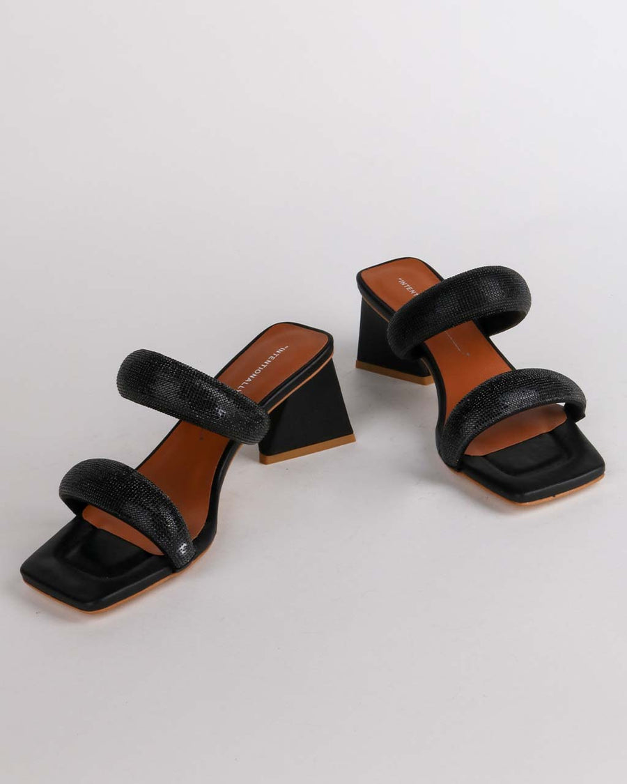 black block heel sandals with black crystal double straps
