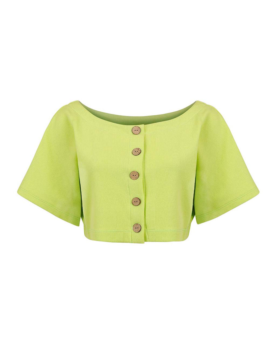 back view of lime green button back crop top