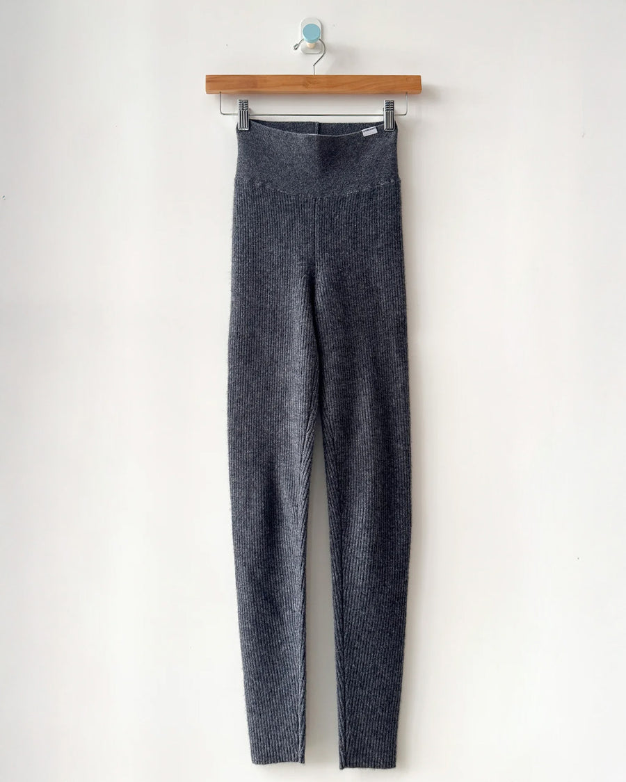 full length heather grey ribbed cashmere leggings on a hanger