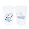 clear pebbled cups with blue cheering woodstock and 'CHEERS' on the reverse side
