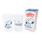 clear pebbled cups with blue cheering woodstock and 'CHEERS' on the reverse side and box