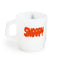 red SNOOPY back of white milk glass mug with snoopy dressed as a witch stirring a brew