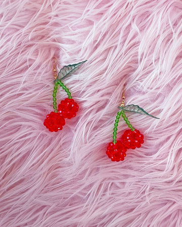 pair of beaded cherry dangle earrings