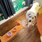 brown long dog throw rug with dog bowls on it