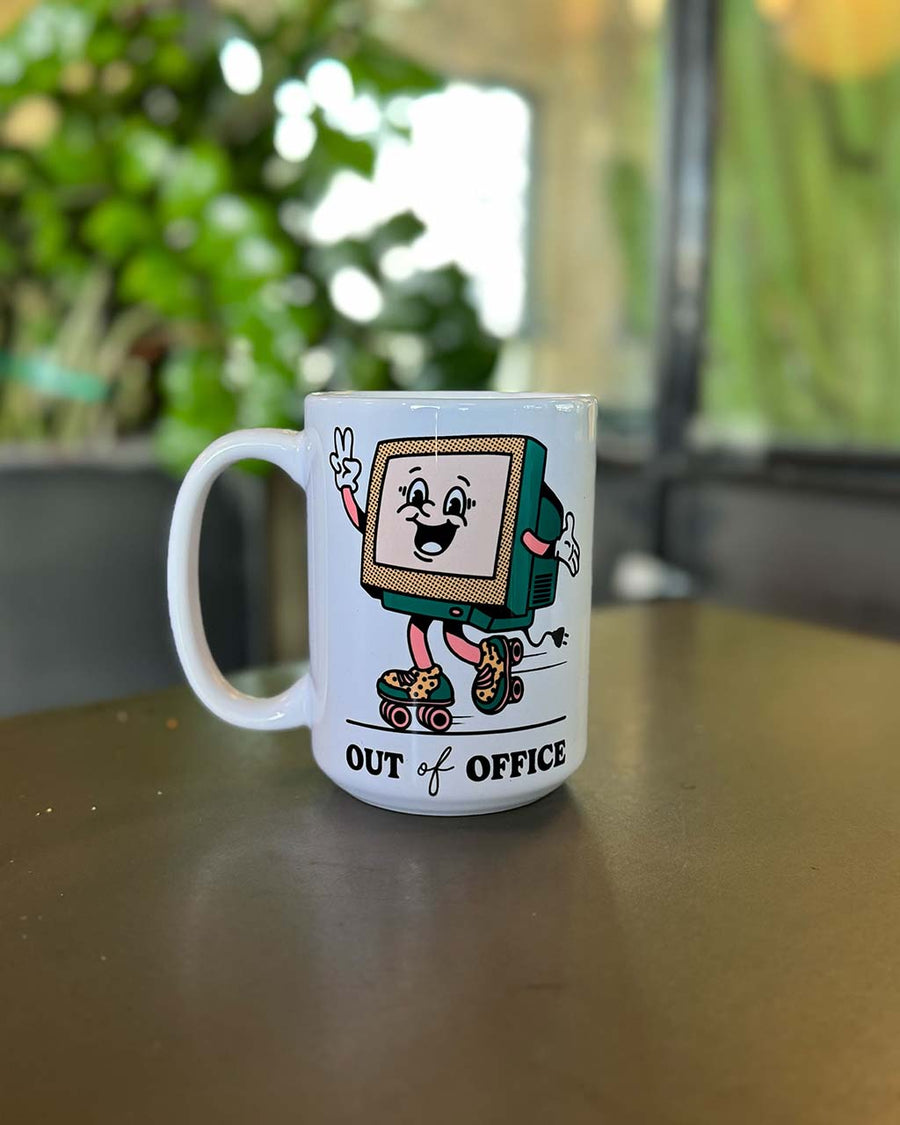 15 oz. white mug with retro computer and 'out of office' typography