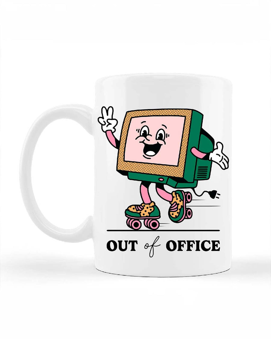 15 oz. white mug with retro computer and 'out of office' typography against white background