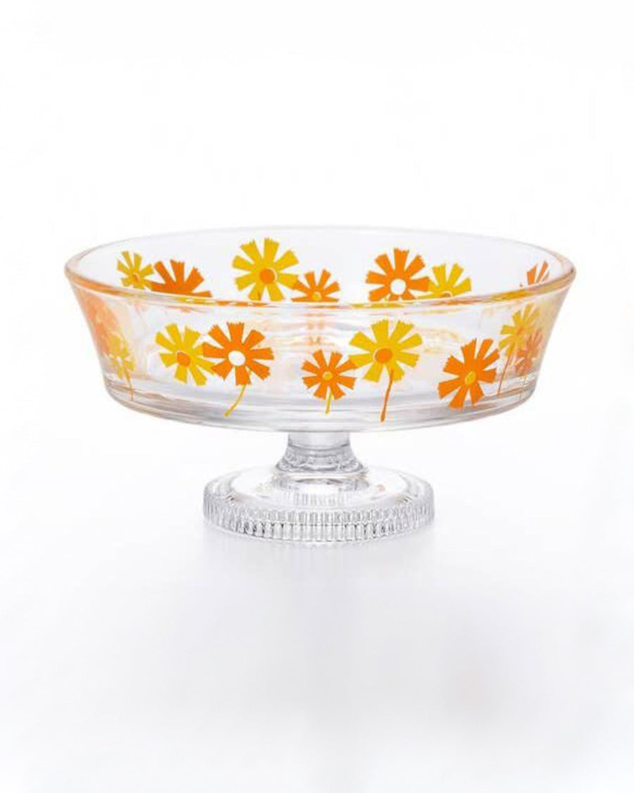 orange and yellow floral shallow serving dish with stem