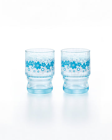 blue stackable glasses with blue floral print