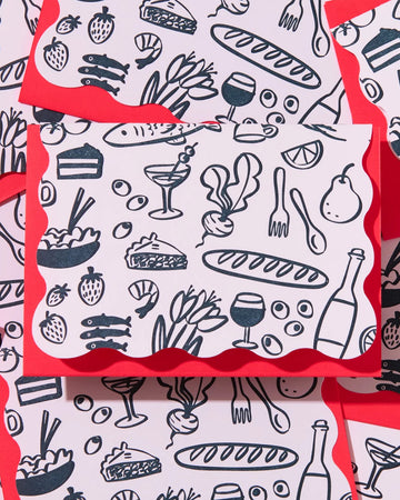 set of 10 blank cards with sketched food print and red envelopes