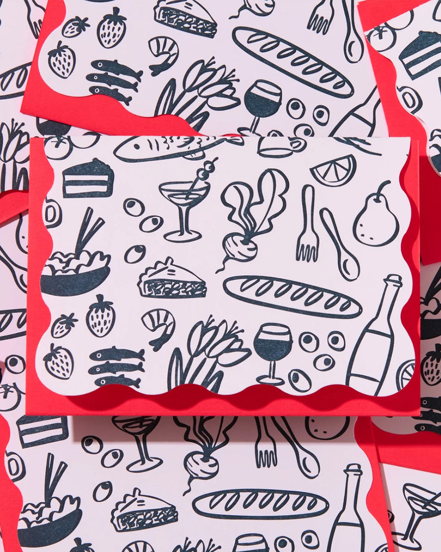 set of 10 blank cards with sketched food print and red envelopes