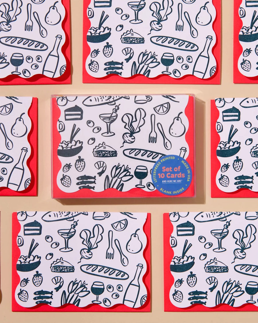 set of 10 blank cards with sketched food print and red envelopes