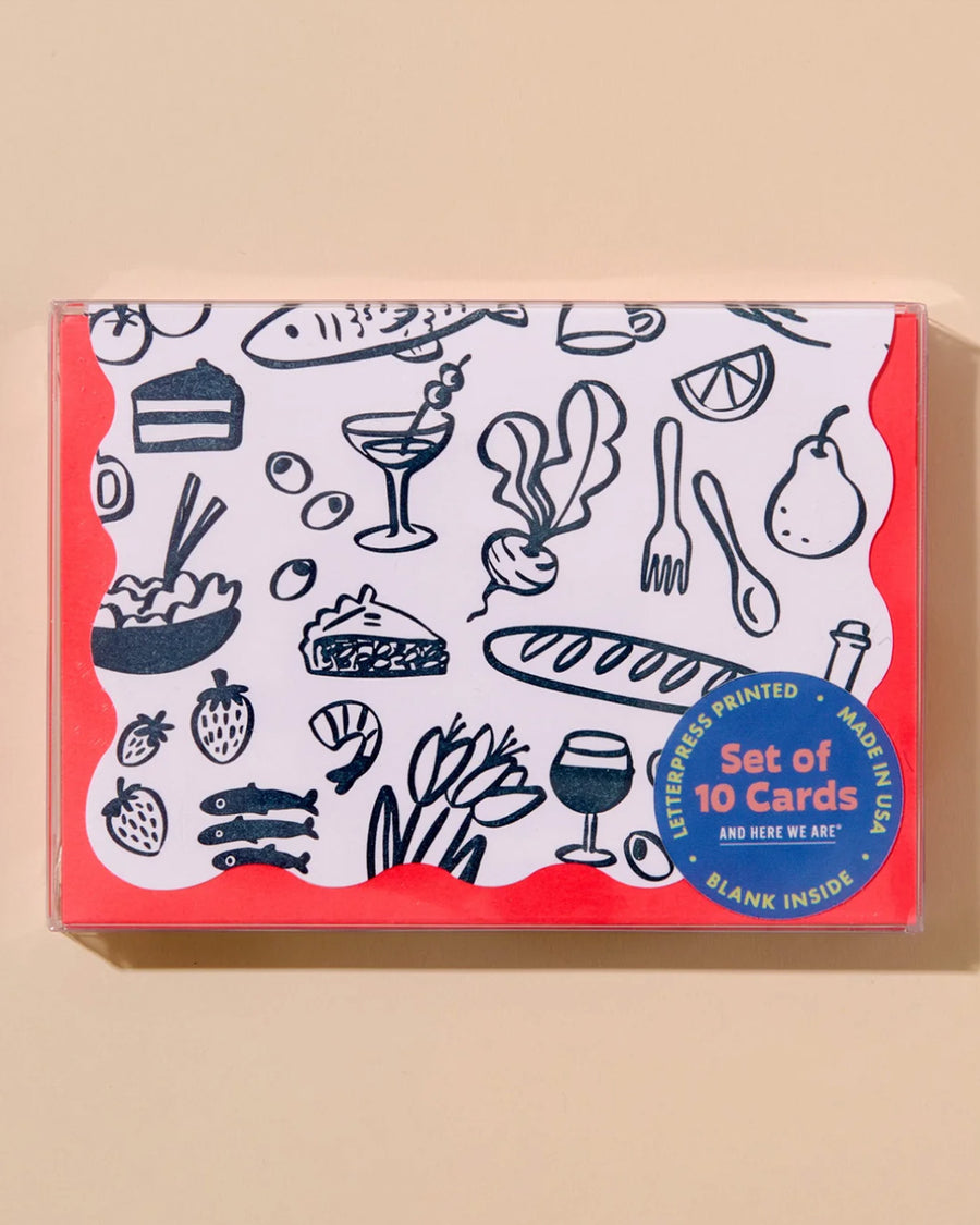 packaged set of 10 blank cards with sketched food print and red envelopes