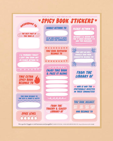 set of 26 'spicy' book plate stickers in pink and purple tones