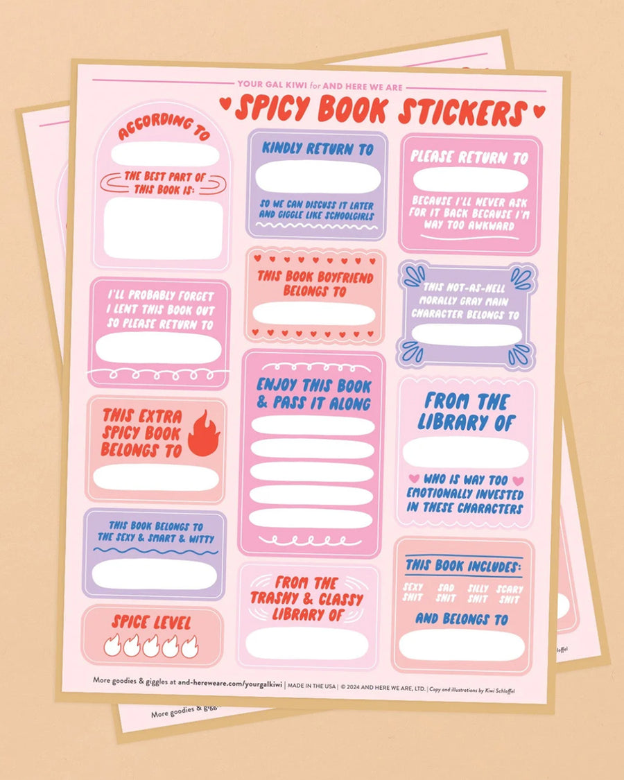 two sheets of 'spicy' book plate stickers in pink and purple tones