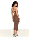 strappy back ties on brown knit bodycon midi dress with cut out butterfly design at the bust