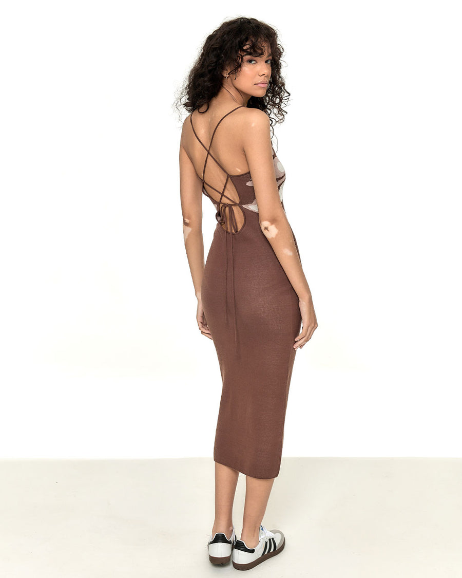 strappy back ties on brown knit bodycon midi dress with cut out butterfly design at the bust