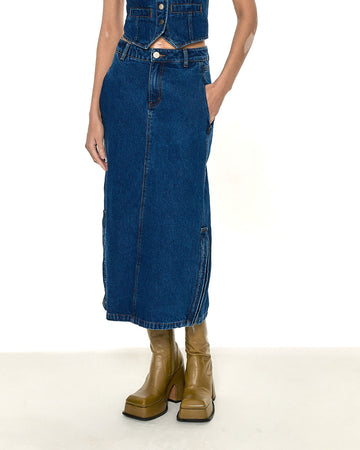model wearing denim maxi skirt with zipper slit
