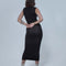 back view of model wearing solid black maxi dress