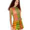 model wearing orange, blue and green plaid sheer top with boat neckline and long sleeves