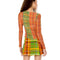 back view of model wearing orange, blue and green plaid sheer top with boat neckline and long sleeves