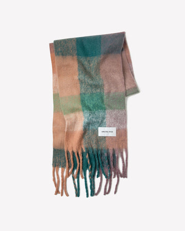 teal, salmon, green and lilac oversized checker scarf with fringe