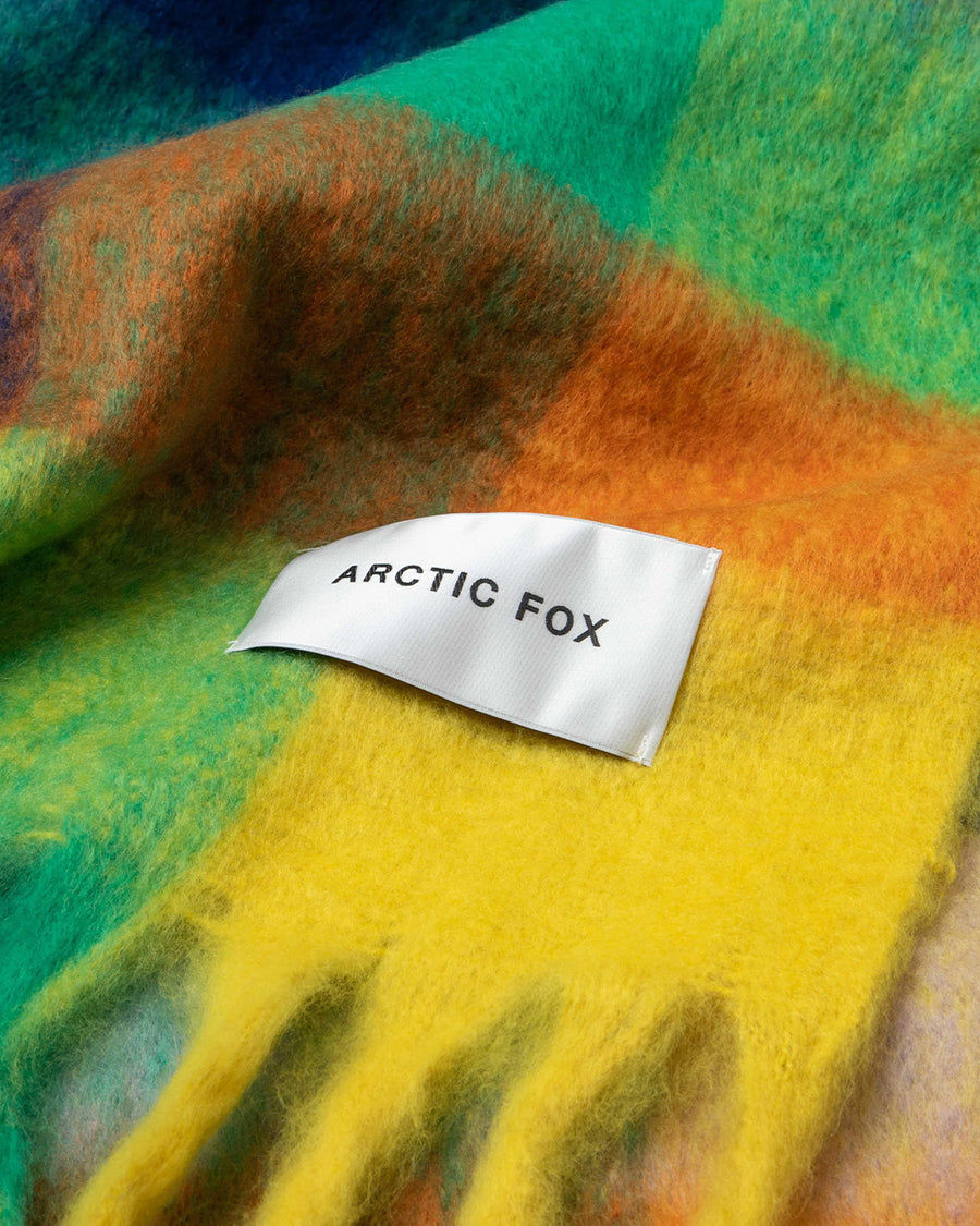 up close of multicolored oversized checkered scarf with fringe