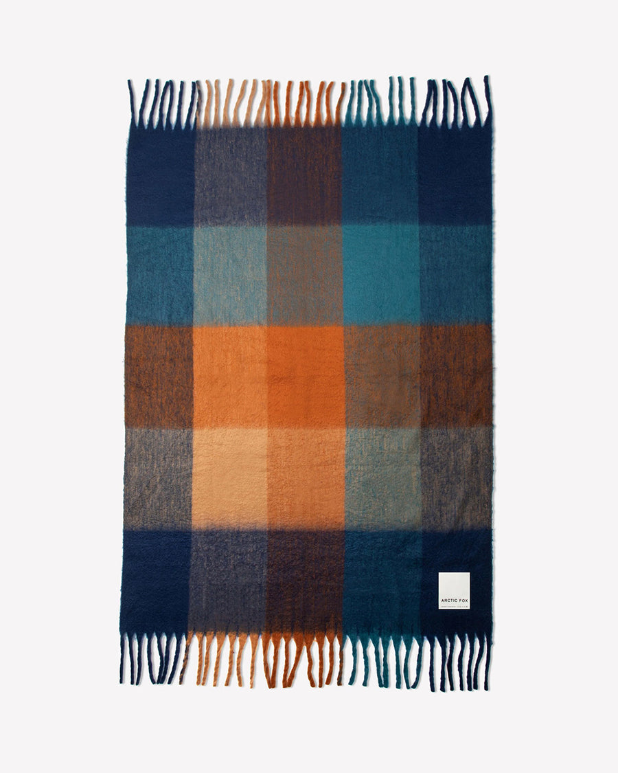 navy, light blue, orange and yellow checkered throw blanket with fringe