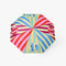 top view of colorful stripe umbrella with faces throughout the panels
