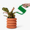 model watering their plant with small green watering can with elongated spout and handle