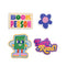 set of 4 big vinyl stickers: colorful 'book person', blue abstract flower, green book man and retro 'let's read'.