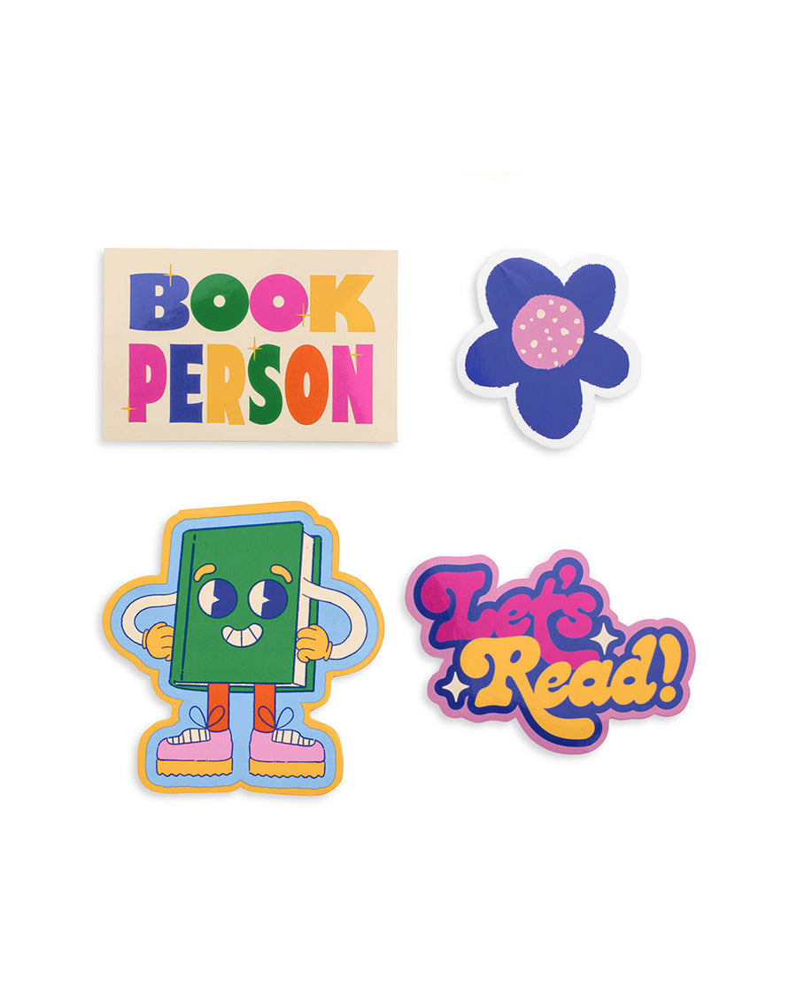 set of 4 big vinyl stickers: colorful 'book person', blue abstract flower, green book man and retro 'let's read'.