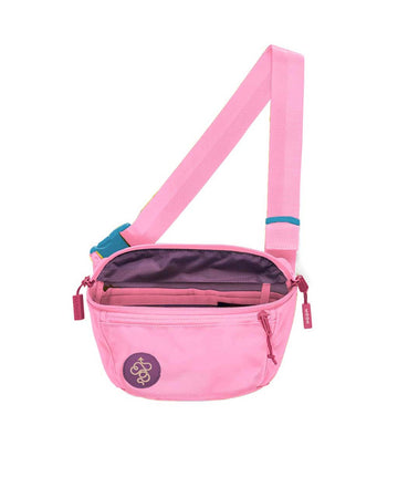 flamingo pink fanny pack with multiple pockets and blue accents