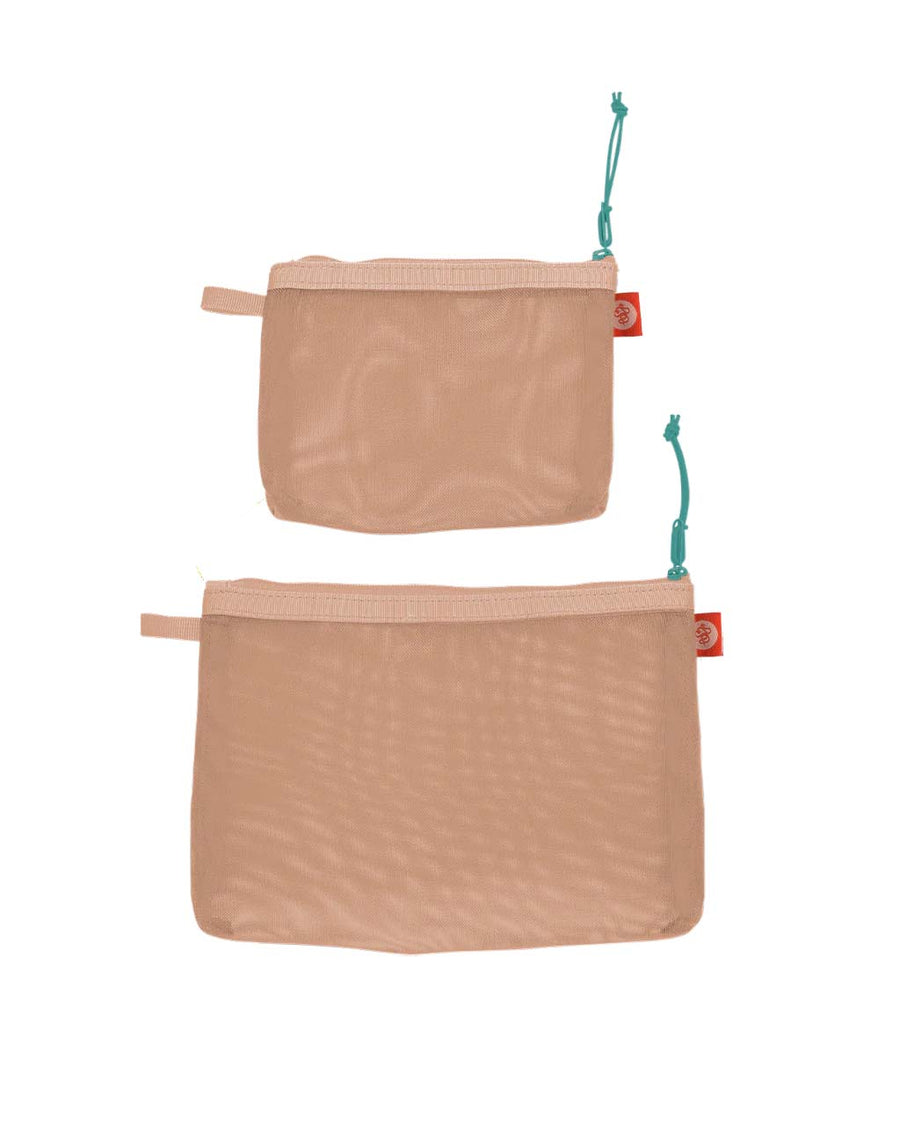 set of 2 light brown mesh pouches with aqua zipper pulls