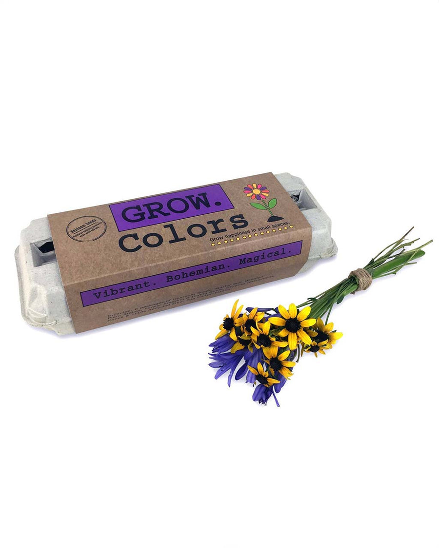 packaged colorful grow kit with 6 packs of seeds, wooden stakes, pencil, egg carton and soil