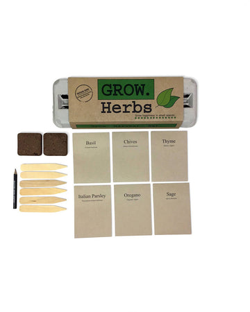 herb grow kit with 6 packs of seeds, wooden stakes, pencil, egg carton and soil