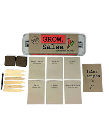salsa grow kit with 6 packs of seeds, wooden stakes, pencil, egg carton and soil