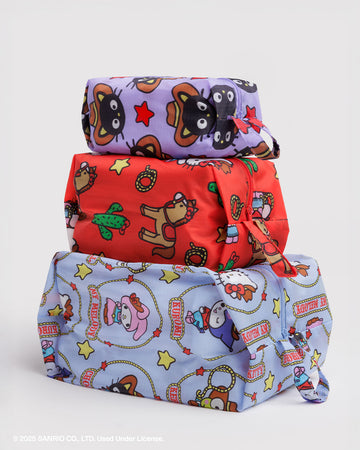 set of 3 3d zip set purple cowboy cat, ed hello kitty horses, and my melody/kuromi icons with rope border