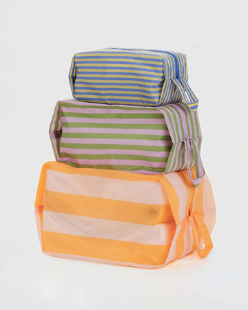 set of 3 zip pouches: small blue and yellow stripe, meduium pink and green stripe and large orange and white stripe