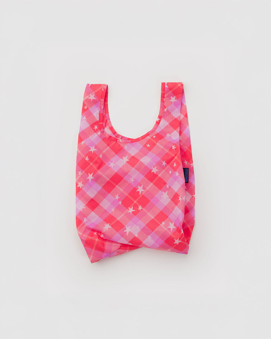 pink plaid baby baggu with all over star print