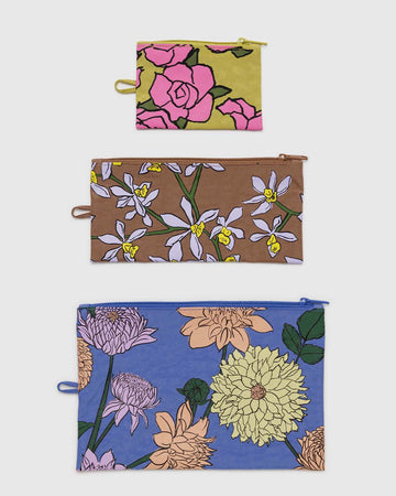 set of three floral pouches: small roses, medium orchids, and large dahlias