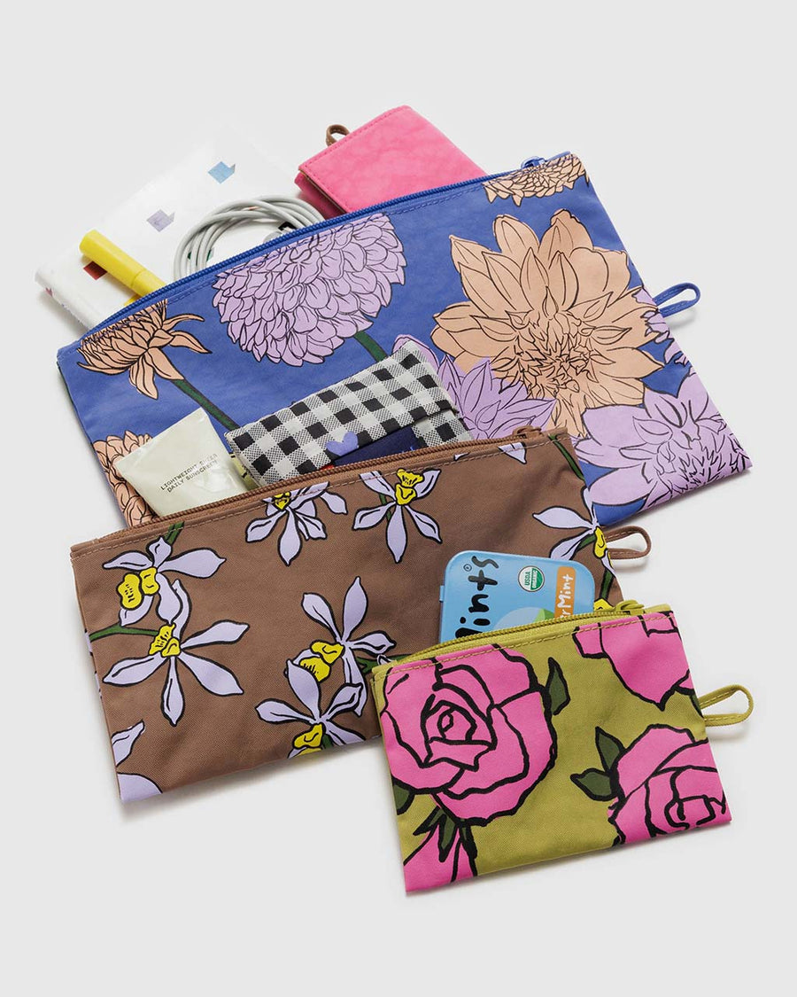 set of three floral pouches: small roses, medium orchids, and large dahlias filled with items