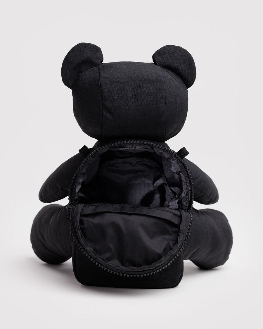 open back compartment nylon plush black teddy bear crossbody purse