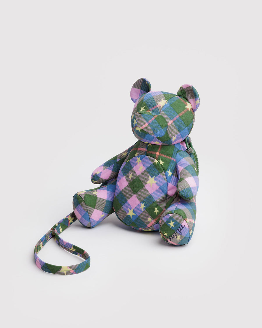 nylon plush purple, green and pink plaid starry teddy bear crossbody purse