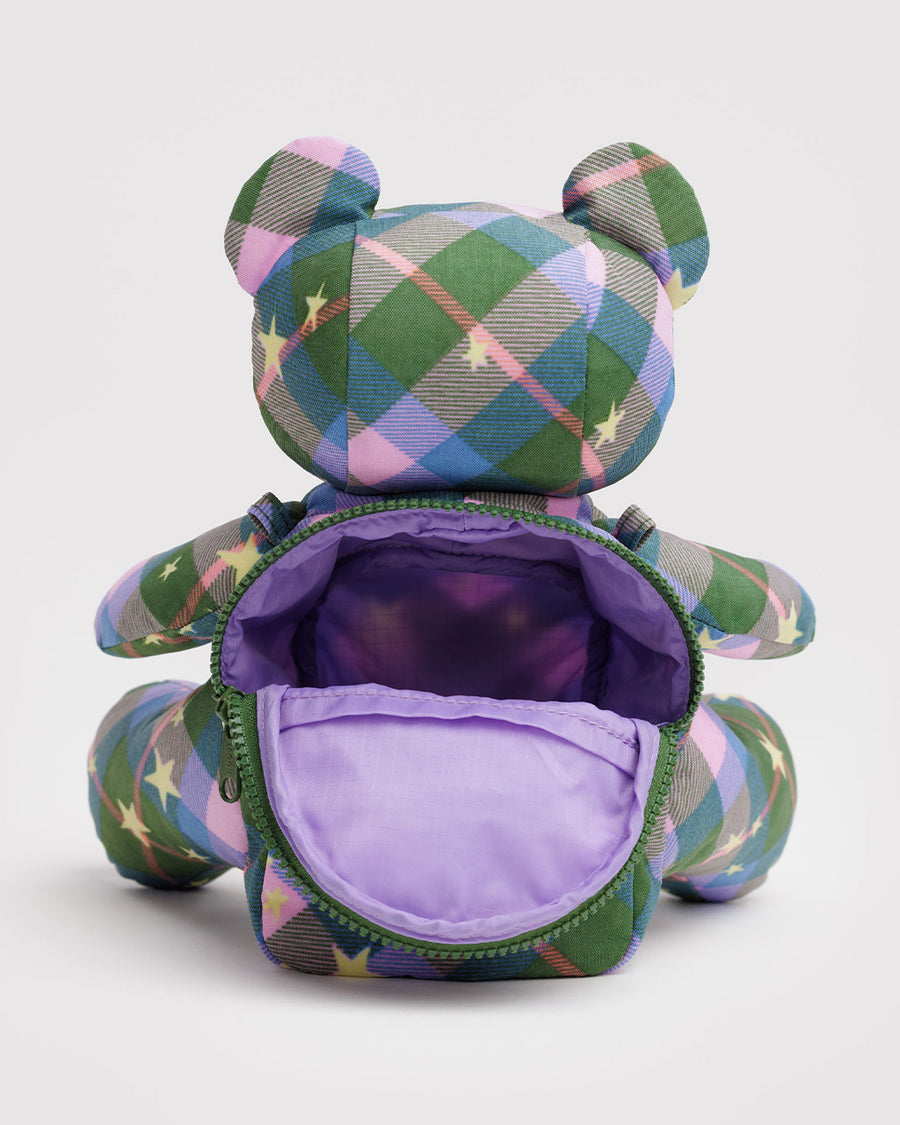 back compartment of nylon plush purple, green and pink plaid starry teddy bear crossbody purse