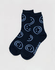 dark navy baggu socks with light blue smiley faces