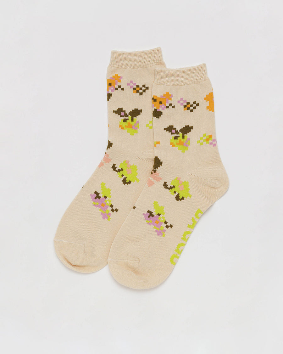 tan socks with orange, yellow and pink needlepoint floral design