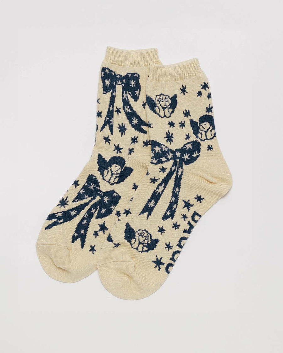 cream crew socks with navy cherub and bow print