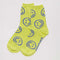 neon yellow crew socks with periwinkle smiley face print